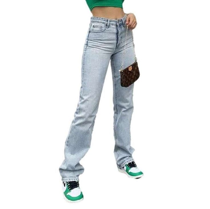 Prepare to make a statement this summer with our 90s-inspired light blue Women's Straight Jeans from the 2023 Spring-Summer Collection! With its high-waist. zipper and button closure. unprocessed hem. and effortless vintage charm. you'll be sure to turn heads wherever you go.Distinctive Features: 90s Style: Embrace the nostalgia of the 20th-century with this timeless vintage look. Light Wash: Look your best and beat the heat with the light wash of this stylish jean. Straight Fit: Enjoy the sleek Trendy Light Blue Straight Leg Jeans, Trendy Straight-leg Medium Wash Pants, Trendy Medium Wash Straight Pants, Trendy Straight Bottoms For Spring, Trendy Straight Light Wash Pants, Trendy Blue Straight Pants, Trendy Blue Straight Jeans, Trendy Light Blue Mid-rise Jeans, Trendy Light Blue Flare Jeans For Summer