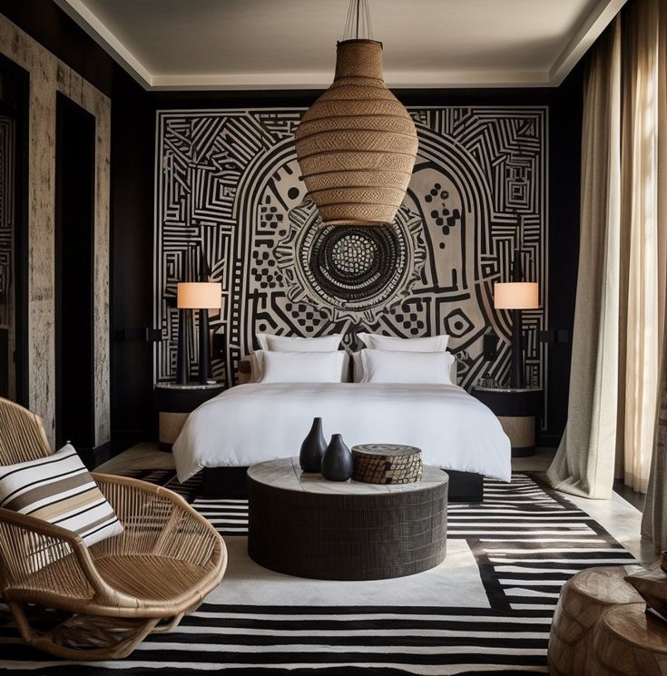 a bedroom with black and white wallpaper, wicker furniture and rattan lamps