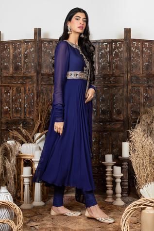 Shop for Nadima Saqib Blue Chanderi Gathered Sleeve Anarkali Set for Women Online at Aza Fashions Royal Blue Anarkali, Blue Anarkali, Blouse Yoke, Embroidered Bodice, Indian Textiles, Gathered Sleeves, Embroidered Neckline, Churidar, Set For Women