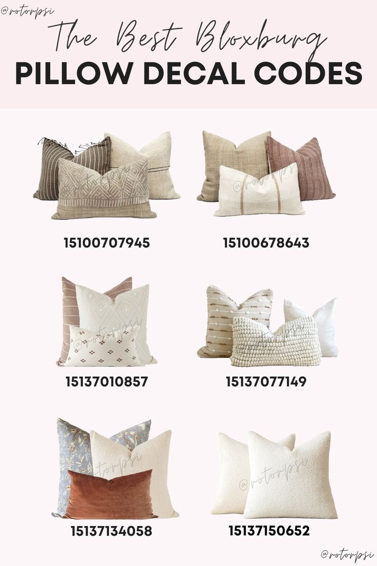 pillows that are different sizes and colors with the words pillow decal code on them