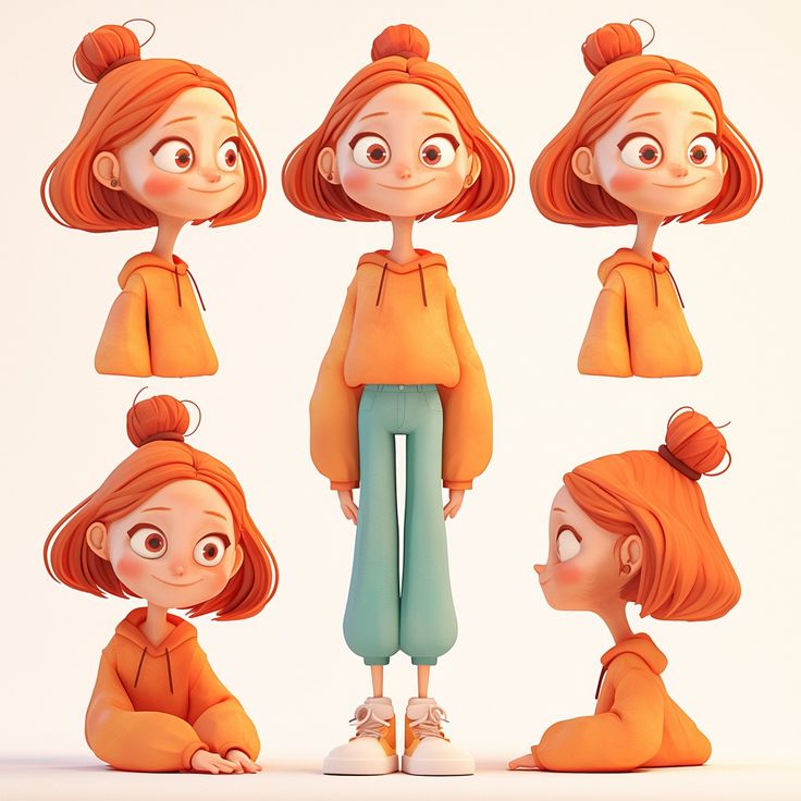 the animated character is sitting down and posing for different poses, including one with red hair