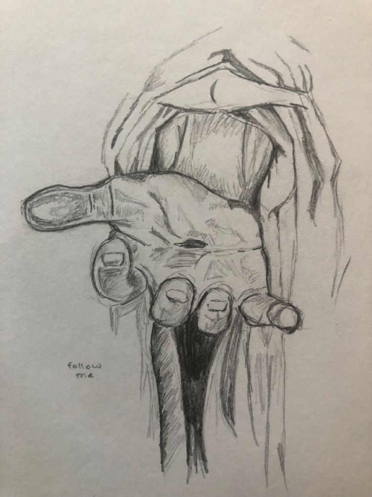 a pencil drawing of a person's hand holding something in their right hand and the other hand on his left