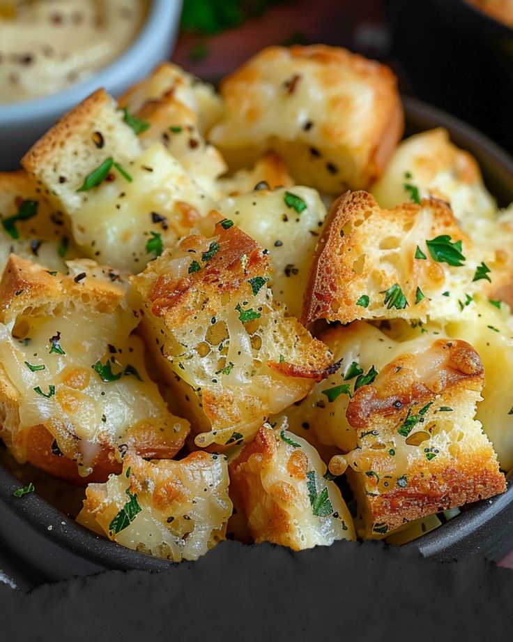 a bowl filled with cheesy bread and sauce