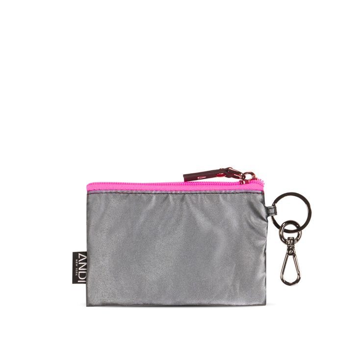 Mini wallet pouch in metallic silver nylon | Hot pink | Key ring | ANDI Brand Functional Rectangular Wallet With Key Clip, Rectangular Travel Wallet With Key Clip, Rectangular Travel Card Holder With Key Clip, Travel Coin Purse With Key Clip, Functional Wallet With Key Clip For Daily Use, Functional Wallet With Interior Key Chain Holder As Gift, Modern Coin Purse With Key Clip For Travel, Functional Rfid Blocking Rectangular Coin Purse, Modern Travel Coin Purse With Key Clip