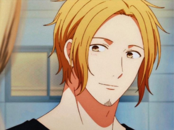 an anime character with blonde hair and black shirt looking at the camera while he stares into the distance