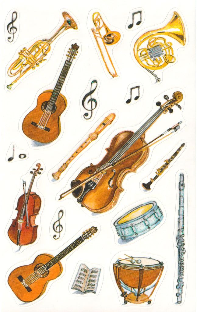 various musical instruments stickers on a white background