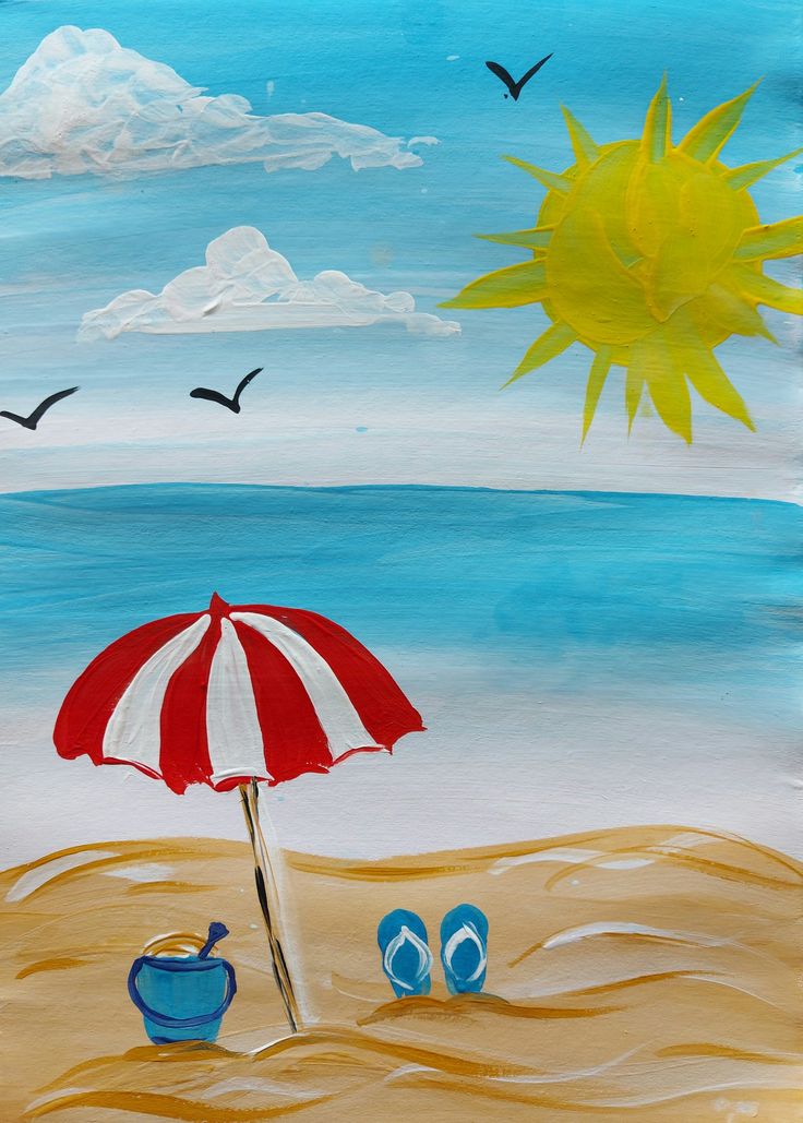 a painting of a beach scene with an umbrella and blue flip flops