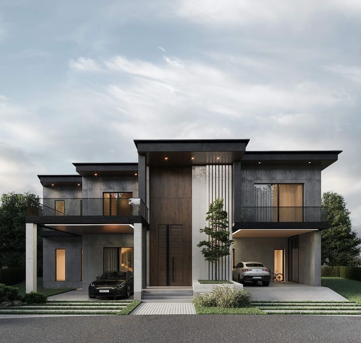 a car is parked in front of a two story house with dark wood doors and windows