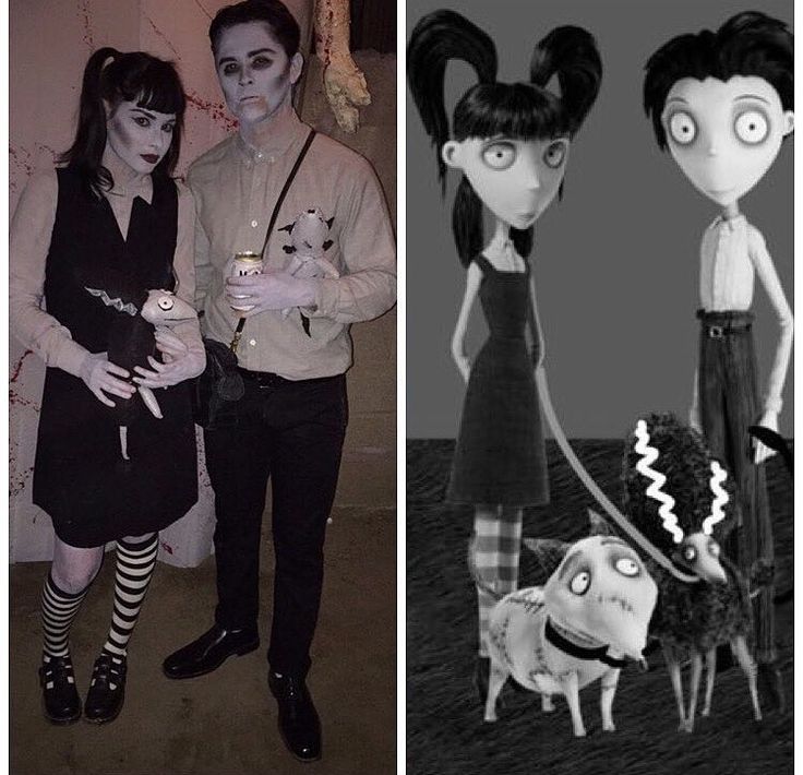 two pictures one is black and white, the other has an image of a couple dressed up in halloween costumes