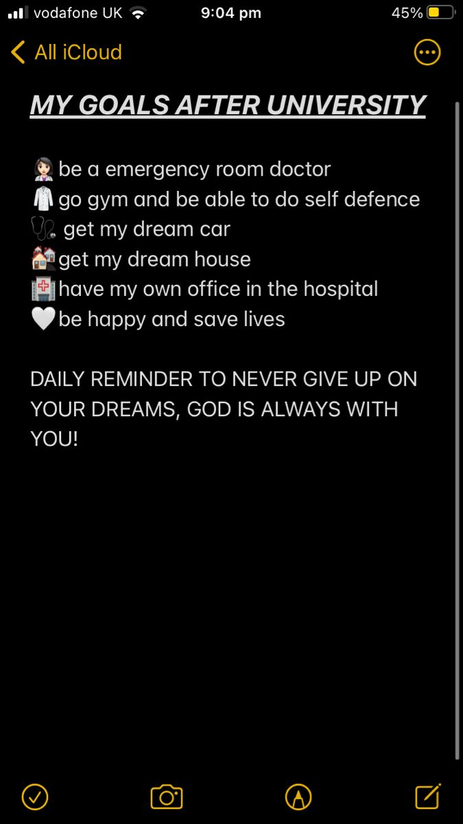 an iphone screen with the text'my goals after university '