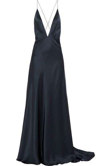 Ink-blue silk-satin Slips on 100% silk Dry clean Designer color: Navy Imported As seen in The EDIT magazine Navy Silk Dress, Navy Satin Dress, Evening Maxi Dresses, Navy Formal Dress, Navy Blue Long Dress, Navy Long Dress, Navy Gown, Plunge Maxi Dress, Long Maxi Dresses