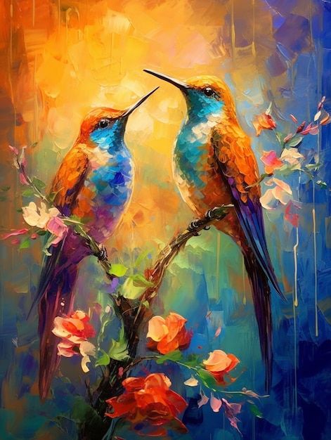 two birds sitting on top of a tree branch with flowers in front of them and one is touching the other's beaks