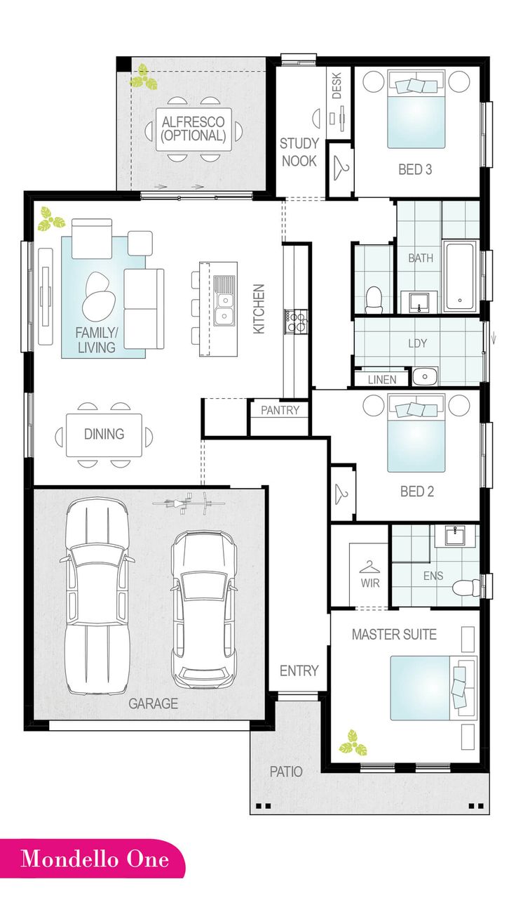 the floor plan for a modern home with three car garages and two living areas