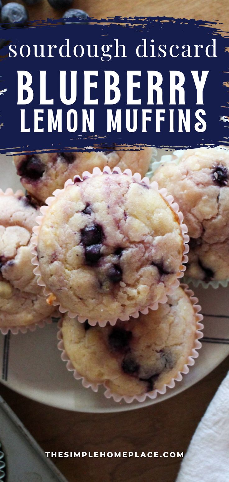 blueberry lemon muffins on a white plate with the title text reads sourdough discard blueberry lemon muffins