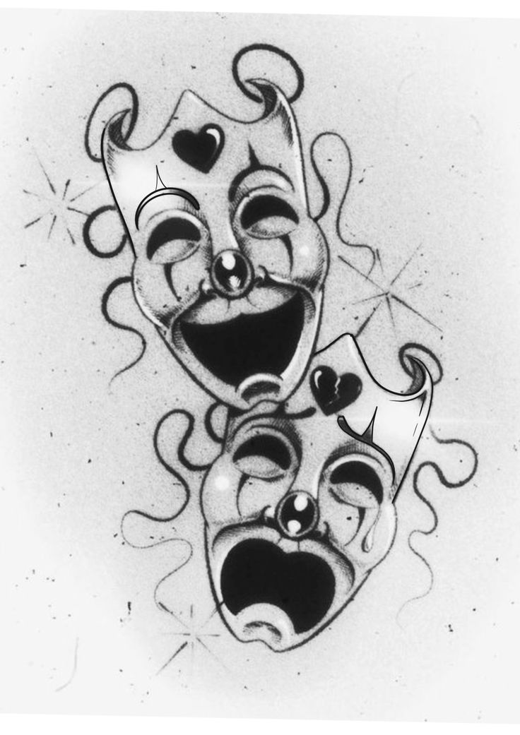 two masks with faces drawn in black and white, one has a heart on it