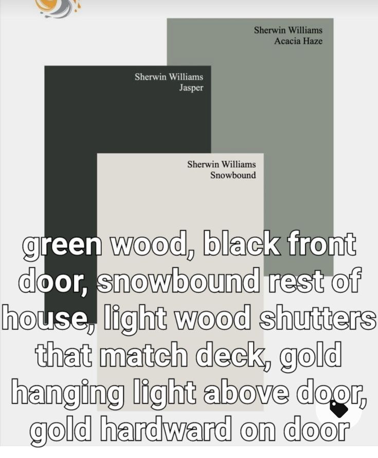 green wood, black front door, snowbound rest of house, light wood shutters that match deck, gold hanging light above door