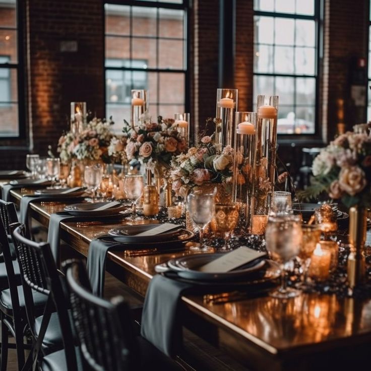 a long table is set with candles and flowers for an elegant dinner or wedding reception