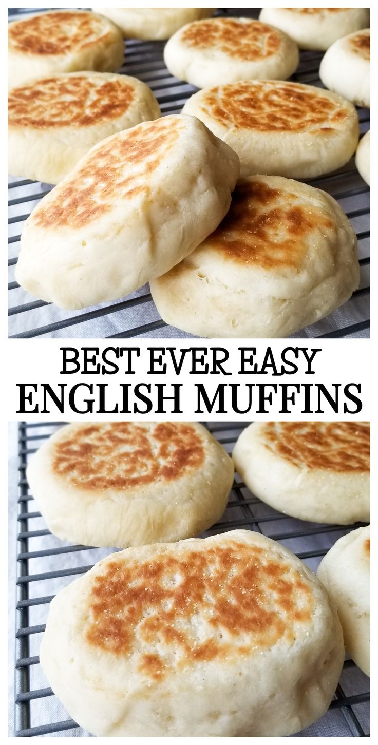 english muffins cooling on a rack with the words english muffins above them