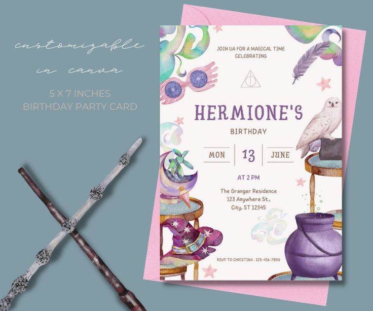 a birthday party card with an image of a bird on a chair and two swords