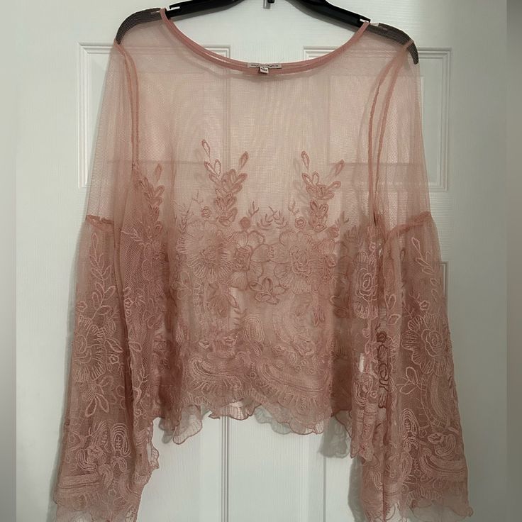 Peach / Light Pink Large See Through Lace Shirt With Bell Sleeves. Never Worn. Pink Long Sleeve Lace Top For Summer, Pink Sheer Top For Spring, Sheer Lace Top For Spring, Sheer Tops For Spring Brunch, Pink Lace Top For Brunch, Lace Shirt, Shirt Color, Bell Sleeves, Pink Ladies