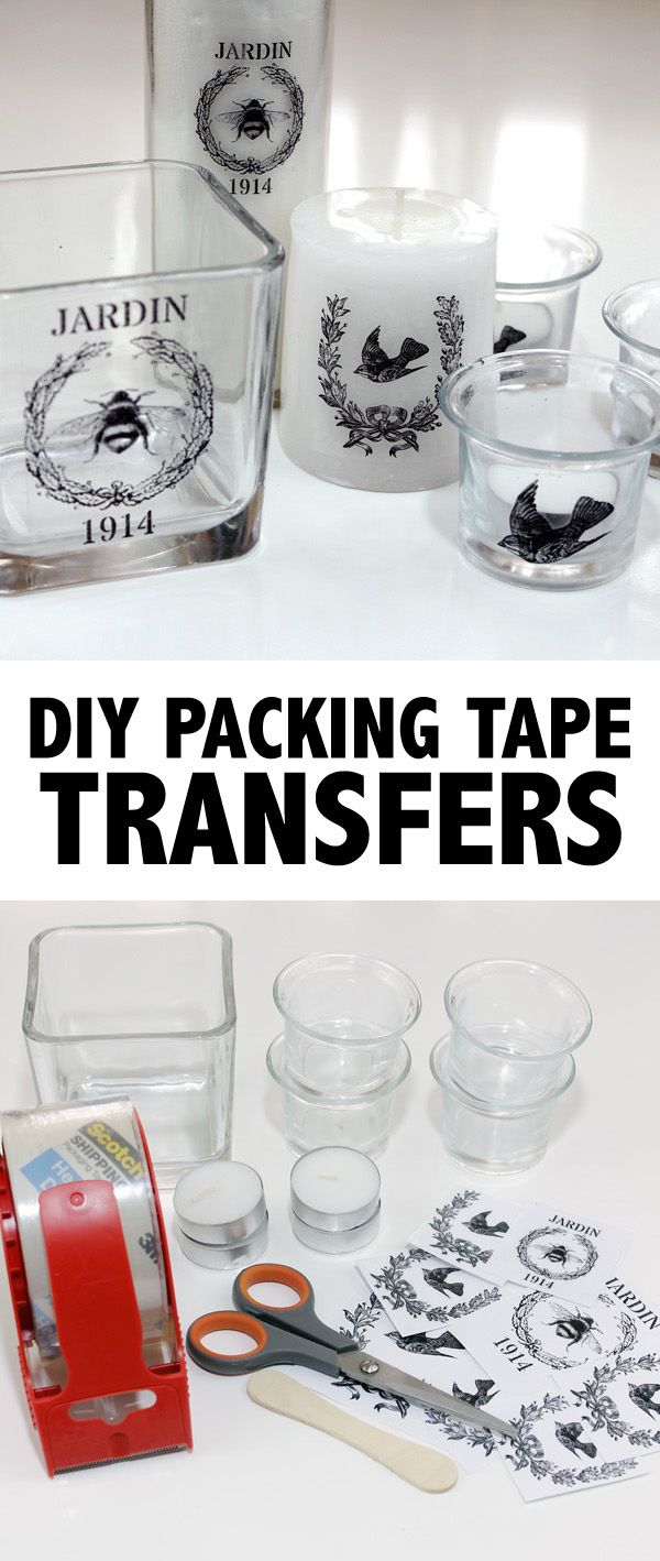 diy packing tape transferers and glass containers with scissors on the side, sitting next to each other