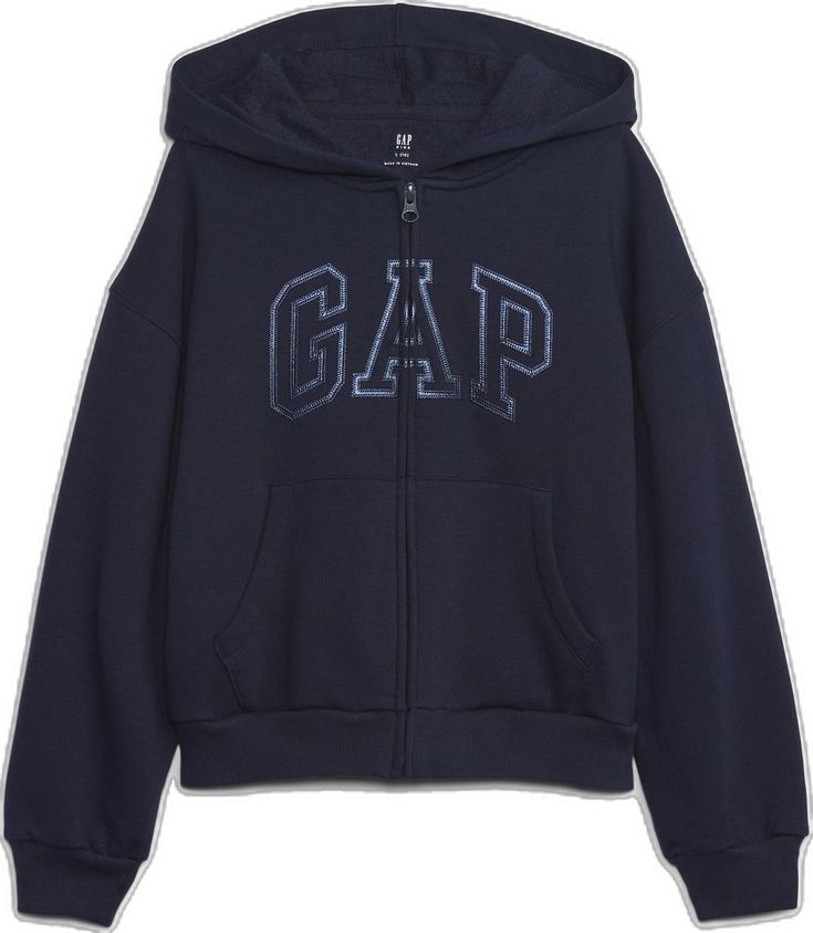 Soft knit hoodie.  Hooded neckline.  Long sleeves with dropped shoulders and banded cuffs.  Gap arch logo at front.  Front kanga pockets.  Banded hem.  Straight, easy fit.  Hits at the hip. Navy Blue Gap Hoodie, Cute Gap Hoodie, Black Zip Up Hoodies, Gap Hoodies, Latina Fits, Zip Up Hoodie Outfit, Clothes For School, Hoodie Gap, Gap Hoodie