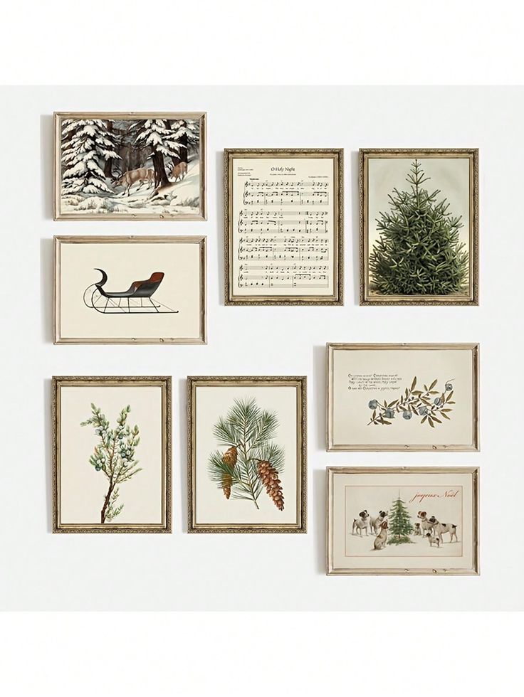 nine framed christmas cards with birds, trees and snowflakes on the wall above them