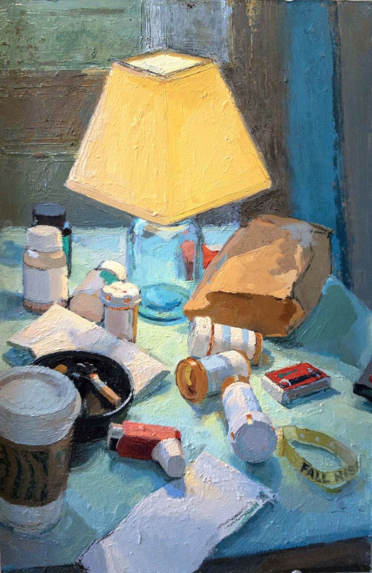 a painting of a table with various items on it and a lamp in the background