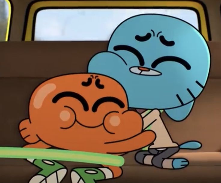 two cartoon characters hugging each other in the back of a car with their eyes closed