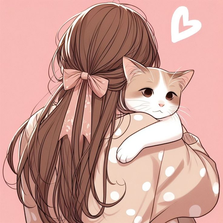 a girl holding a cat in her arms with a heart above her head on pink background