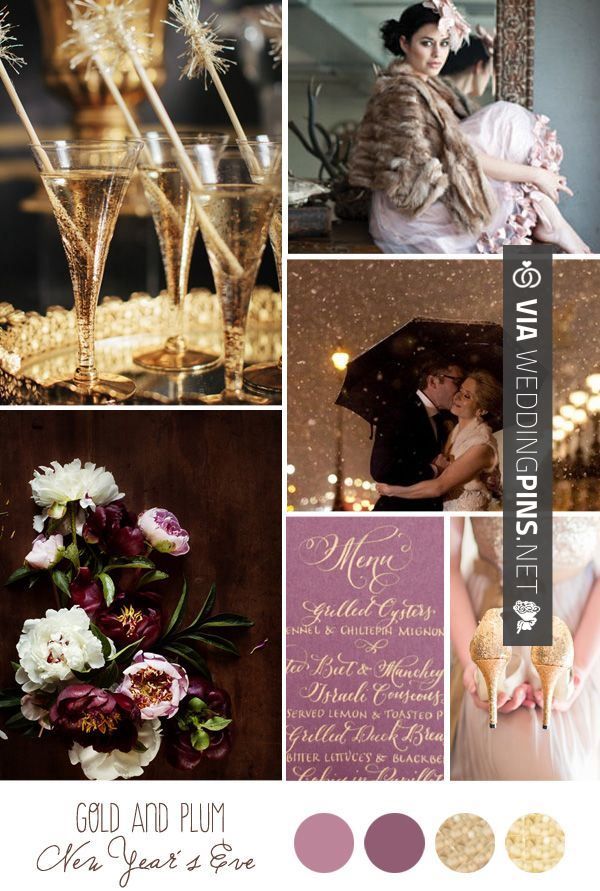 a collage of photos with gold and plum hues in the color scheme, including champagne