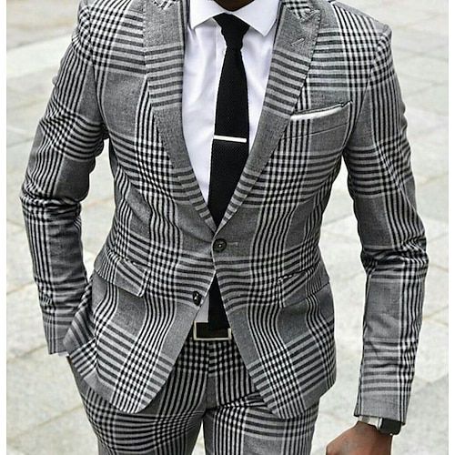 Category:Suits; Embellishment:Pocket; Season:Spring, Fall, Winter, Summer; Fabric:Cotton Blend; Includes:Jacket,Pants; Occasion:Wedding; Fit Type:Tailored Fit; Jacket Buttons:Single Breasted Two-buttons; Jacket Pockets:Straight Flapped; Pattern:Plaid Checkered; Neckline:Peak; Listing Date:08/31/2023; Production mode:External procurement; Pant Length:; Pants Waist:; Shoulder Width:; Sleeve Length:; Bust:; Clothing Length:; Number of Pieces:2 Piece; Design:Classic Wedding Suits For Men, Cheap Suits, Look Formal, Groom Tuxedo, Classic Grey, Tuxedo Suit, Sharp Dressed Man, Grey Plaid, Suit Up