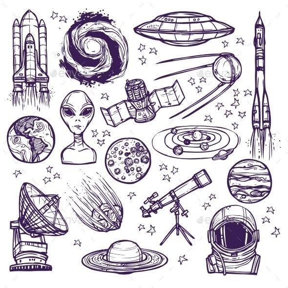 an image of space related items drawn by hand in ink on white paper stock photo