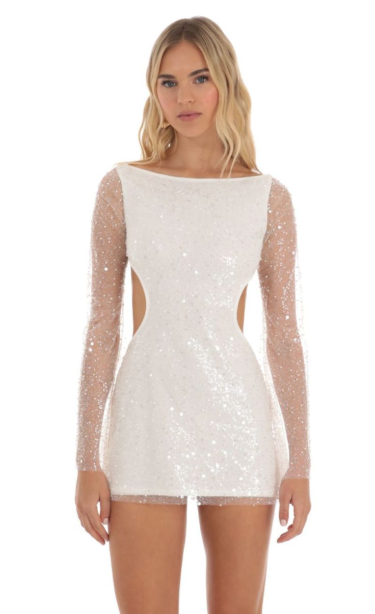 Arizona Sequin Long Sleeve Dress in White | LUCY IN THE SKY Bachlorette Party Outfits, Glitz And Glam Outfit, White Birthday Dress, Rehersal Dress, Sequin Long Sleeve Dress, Wedding Rehearsal Dress, Sparkle Prom Dress, Sparkle Mini Dress, Bride Attire