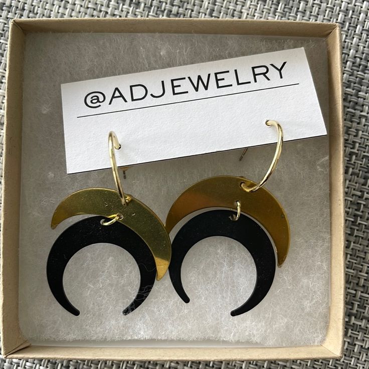 Never Worn Earrings, Originally $48, Approximately 2.5 Inches Long Black Brass Hoop Earrings As Gift, Nickel-free Black Everyday Jewelry, Black Crescent Metal Jewelry, Black Metal Crescent Jewelry, Handmade Black Crescent Earrings, Black Brass Earrings, Nickel-free Black Crescent Earrings, Adjustable Black Crescent Earrings, Black Crescent Earrings For Pierced Ears