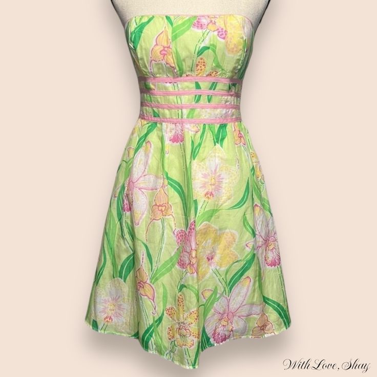 Beautiful Dress! Only Worn Once! Brand New Condition. Has Been Altered On The Top! I Would Say Fits More Like A 2 Spring A-line Strapless Dress, Lined, Green Strapless Mini Dress With Floral Print, Strapless Green Floral Print Mini Dress, Spring Floral Print A-line Strapless Dress, Green Strapless Floral Print Dress, Green Floral Strapless Dress For Spring, Strapless Green Floral Print Dress, Green Strapless Dress For Spring, Fitted Pink A-line Strapless Dress