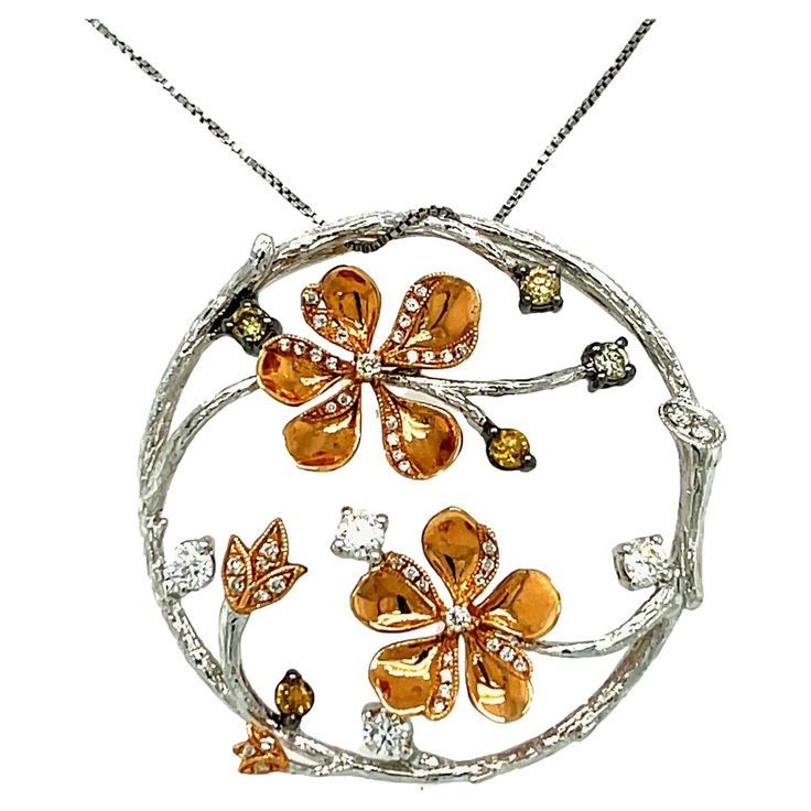 This elegant Floral pendant has fancy colored diamonds set in 18K White and Rose Gold. Gold Chain is included. Pendant has detailed tag attached. This pendant comes in a beautiful box ready for the perfect gift. 18kt gold: 6.50 gms Fancy Diamonds: 5 round, 0.23 cts White Diamonds: 51 brilliant cut round, 0.42 cts Retail Value: $3.950 Free shipping! Usually ships within 1-2 business days! Fancy Diamond Pendant, Egyptian Inspired Jewelry, Temple Jewellery Earrings, Diamond Flower Pendant, Jewellery Design Sketches, Yellow Gemstones, Jewellery Earrings, Floral Pendant, Fancy Diamonds