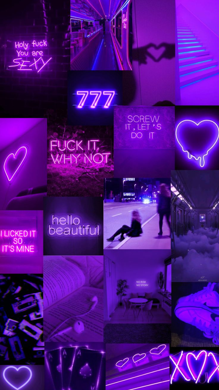 purple neon lights that are all over the place and in different shapes, sizes and colors