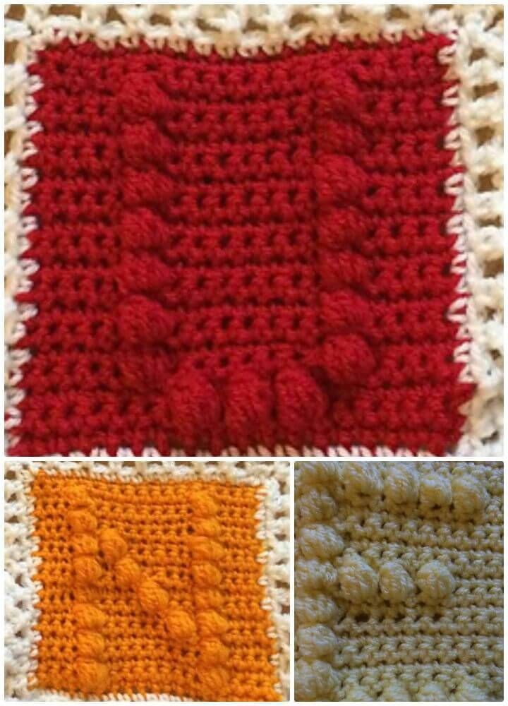 crocheted squares are shown in three different colors, one orange and the other red