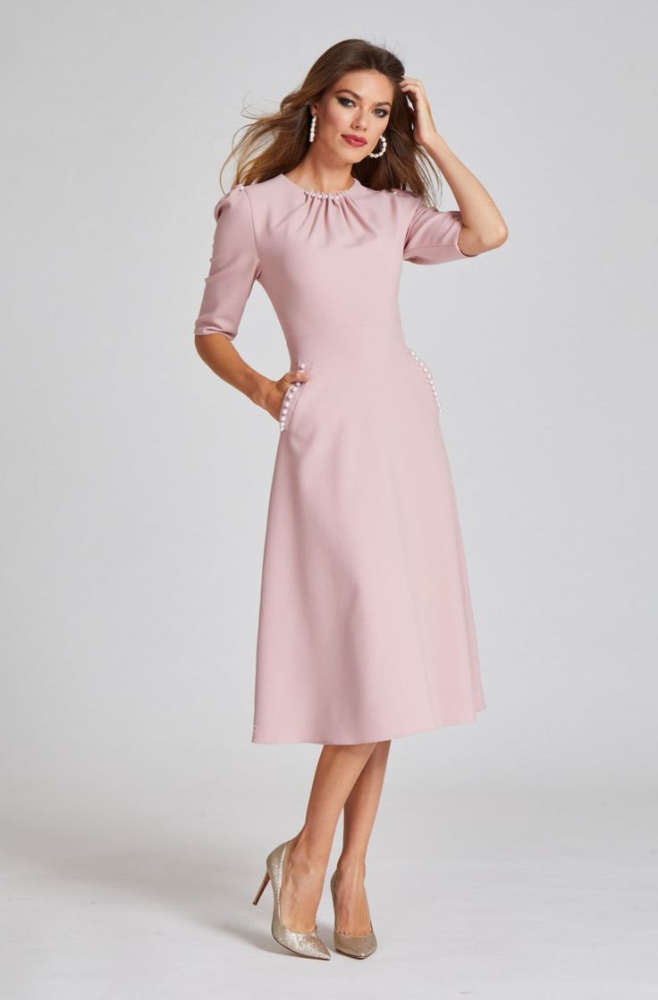 Refined and classy, this pearl trim day to dinner dress is the perfect addition to your wardrobe. Featuring stretch fabric and carefully appliqued pearl pocket and neckline detail- this dress hits all of its marks! . Pair with silver accessories and nude or silver pumps to look your best. Color: pink and black ¾ sleeve Knee length Elegant Pink Knee-length Midi Dress, Luxury Knee-length Midi Dress With Pleated Hem, Chic Kate Spade Knee-length Dress, Outstanding Outfits, Kate Spade Black Knee-length Dress, Luxury Black Midi Dress With 3/4 Sleeves, Gown Plus Size, Silver Pumps, Best Color