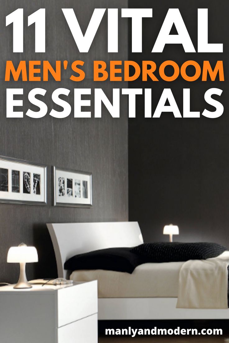 a bed room with a neatly made bed and pictures on the wall above it that says 11 vital men's bedroom essentials