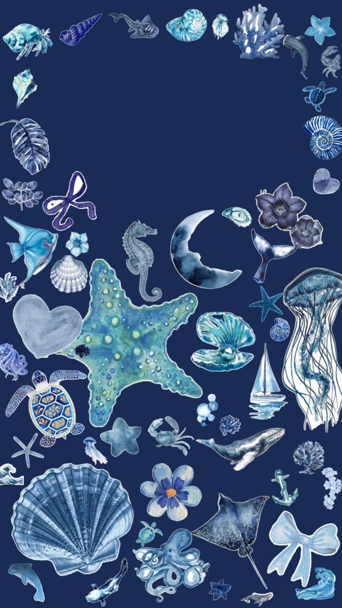 an ocean scene with various sea animals and seashells on a dark blue background