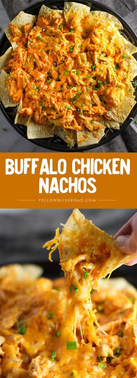 buffalo chicken nachos are loaded with shredded cheese and cheesy sauce