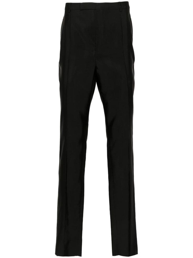 black high-waisted tailored cut seam detailing two side inset pockets two rear welt pockets straight hem concealed front button, hook and zip fastening Prom Pants, Black Pants Men, Planet People, Black Prom, Tapered Trousers, Five Points, Wool Pants, Straight Leg Trousers, Cropped Trousers