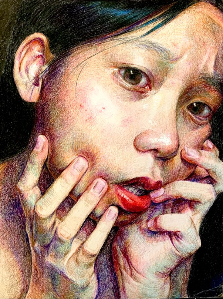 a drawing of a woman with her hands on her face