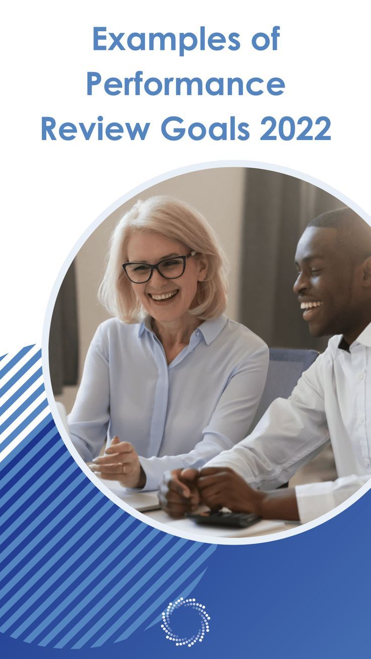 a woman and man sitting at a desk with the text examples of performance review goals 2012