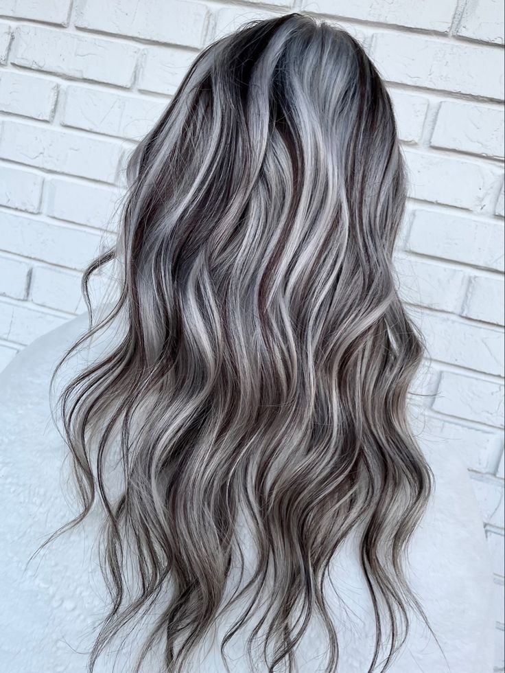 Platinum Blonde Hair With Peak A Boo, Dark Brown And Platinum Highlights, Highlights On Top Dark Underneath, Chunky Gray Highlights, Black And White Chunky Highlights, Highlights On Top Of Hair Only, Silver Highlights Brown Hair, Grey Highlights On Dark Hair Brunettes, Dark Brown Hair With Platinum Highlights