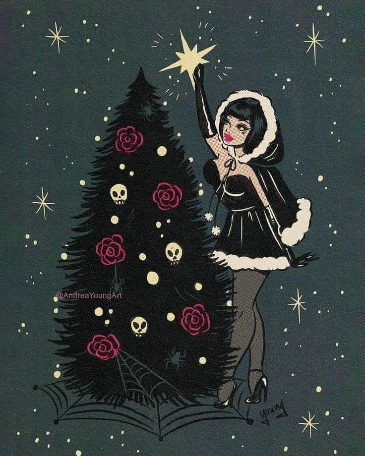 a drawing of a woman standing next to a christmas tree with skulls and stars on it