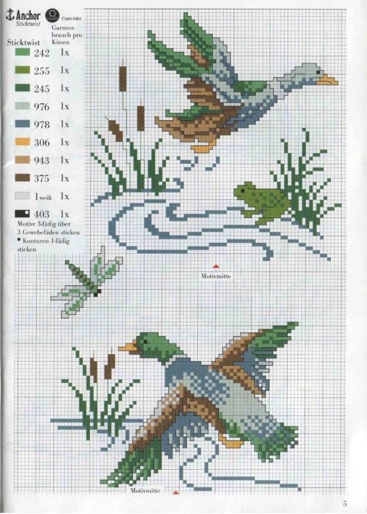 two cross stitch ducks flying over water