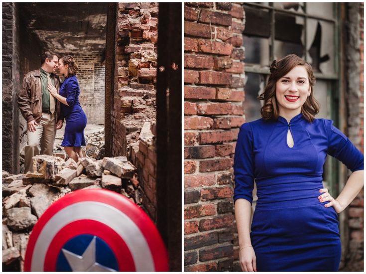 a man and woman standing next to each other in front of a brick wall with an american flag on it